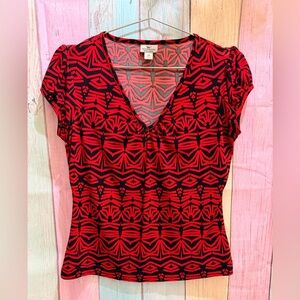 Worthington V-Neck Red and Black Patterned Blouse